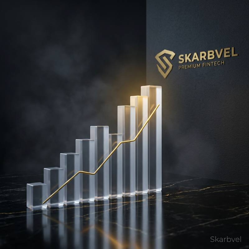 Szklane słupki rosnące jak wykres, przecięte złotą linią trendu, na tle ciemnej ściany z logo Skarbvel Premium Fintech
